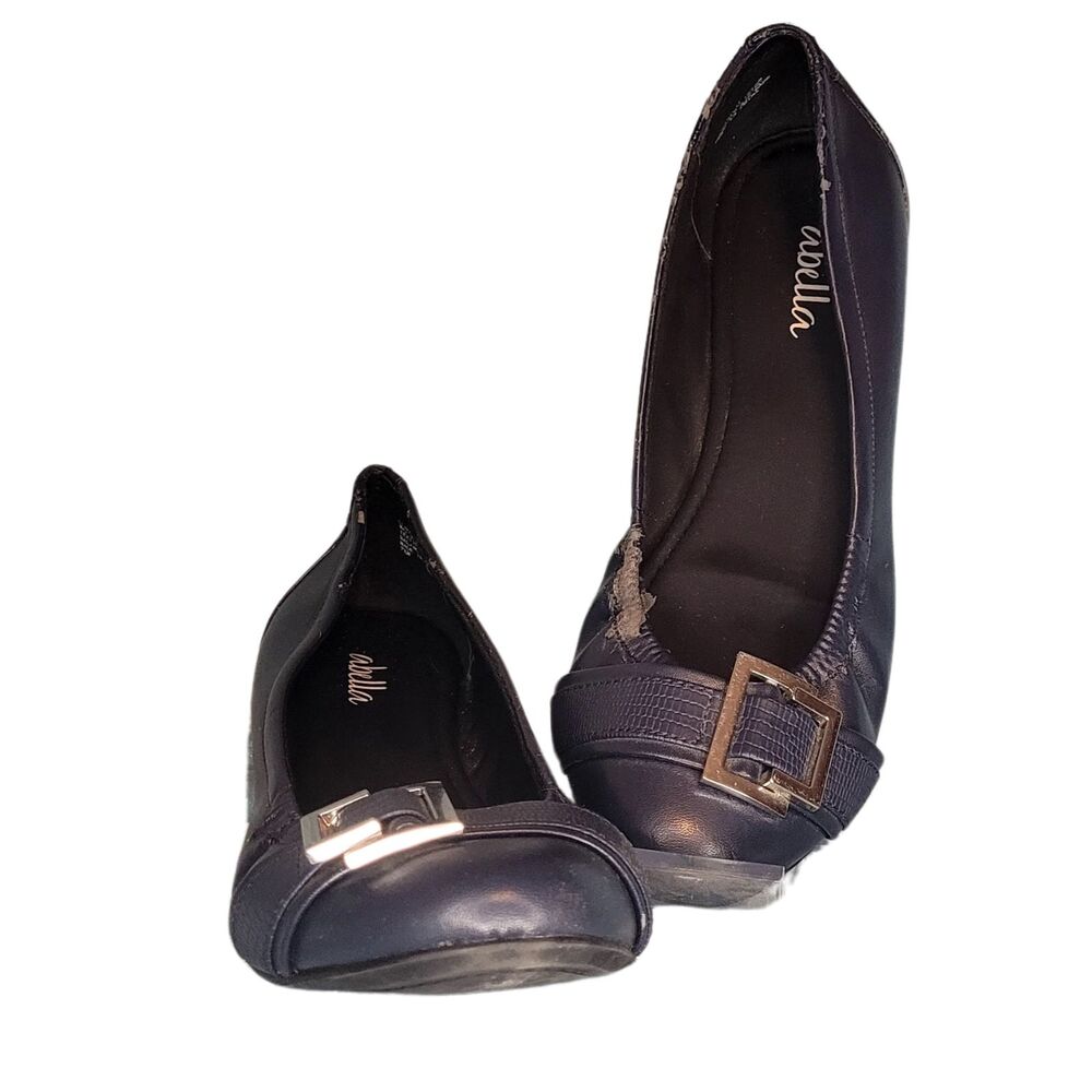 Abella Navy Silver Buckle Flats Memory Foam Insole for Comfort Shoes Womens 7.5